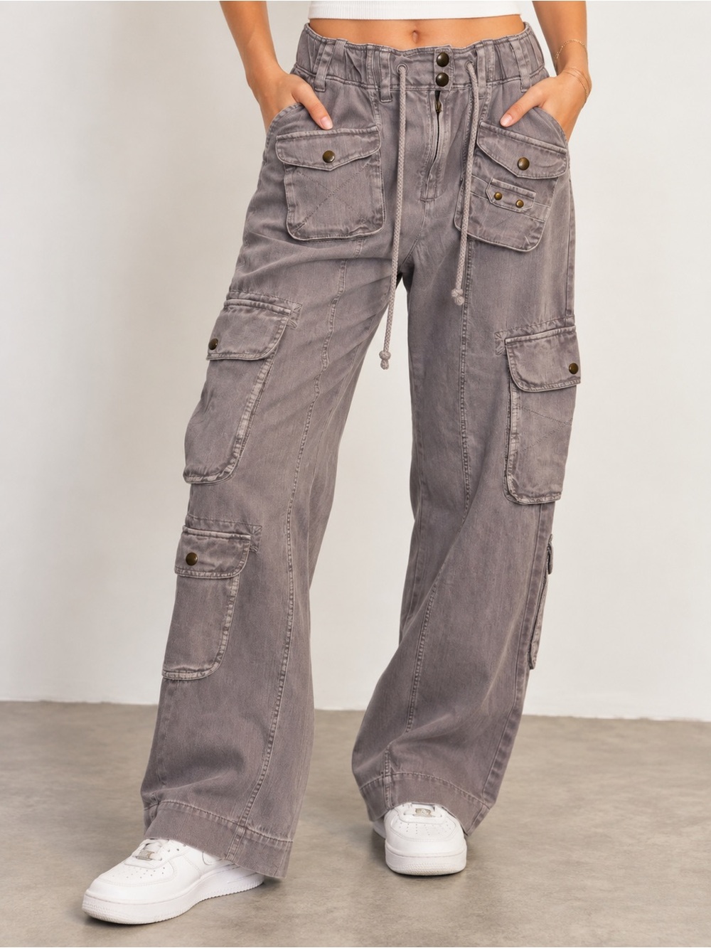 Free People Womens L Gray Washed Cargo Utility Pants Wide Leg Boho